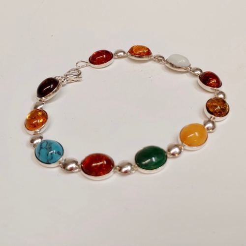 HWG-126 Bracelet 11 multi-color oval amber, TQ, and malachite $115 at Hunter Wolff Gallery